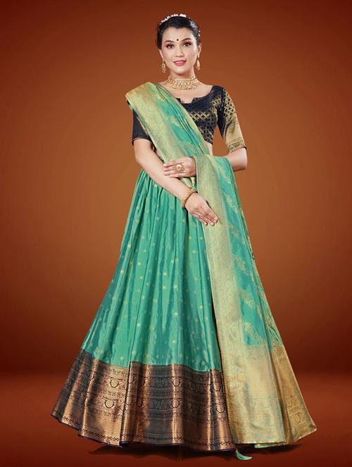 turquoise self design semi stitched lehenga - 20603415 - Very Small Image - 1