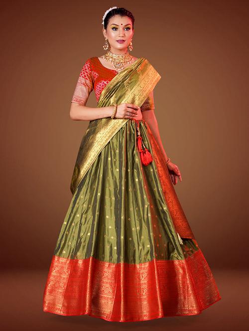 olive self design semi stitched lehenga - 20603425 - Very Small Image - 1