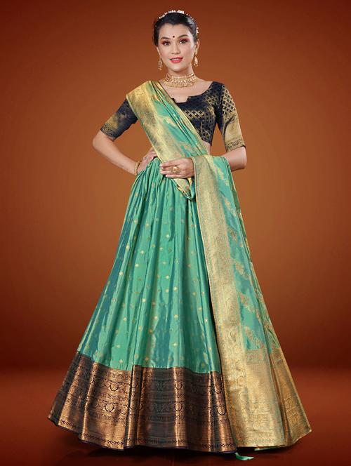 turquoise self design semi stitched lehenga - 20603428 - Very Small Image - 1