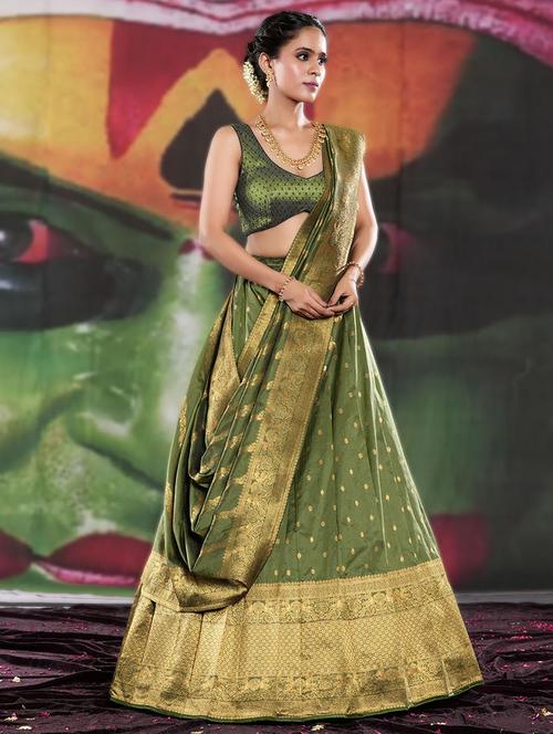 olive self design semi stitched lehenga - 20603433 - Very Small Image - 1