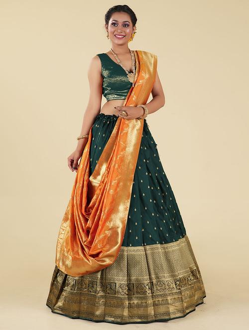 bottle green self design semi stitched lehenga - 20603443 - Very Small Image - 1
