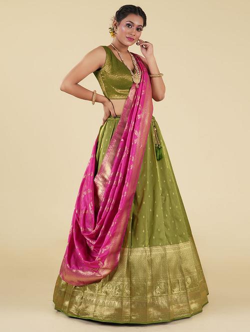 olive self design semi stitched lehenga - 20603447 - Very Small Image - 1