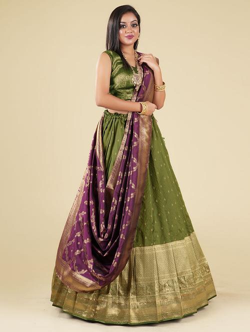 olive self design semi stitched lehenga - 20603448 - Very Small Image - 1