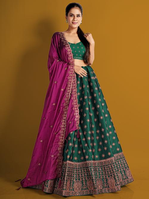 green solid with work semi stitched lehenga - 20603462 - Very Small Image - 1