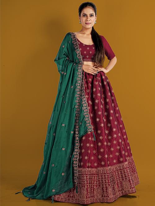 maroon solid with work semi stitched lehenga - 20603463 - Very Small Image - 1
