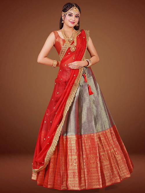 red & grey self design semi stitched lehenga - 20603482 - Very Small Image - 1