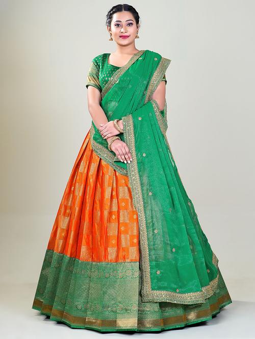 orange & sea green self design semi stitched lehenga - 20603487 - Very Small Image - 1