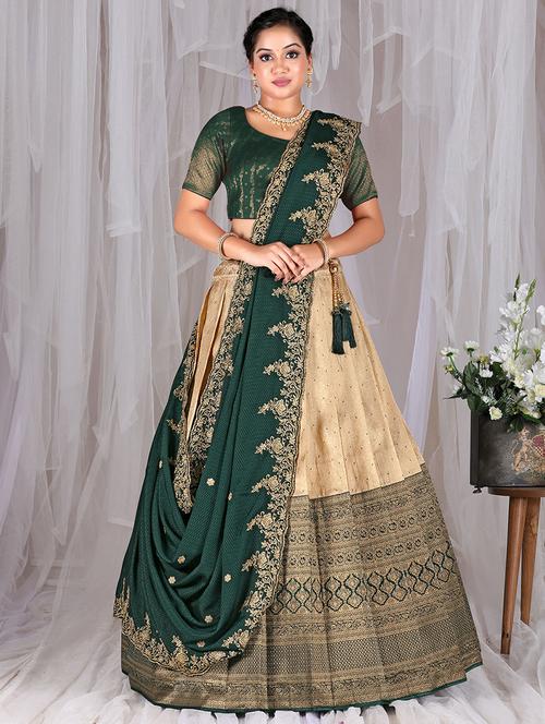 bottle green & cream self design semi stitched lehenga - 20603525 - Very Small Image - 1