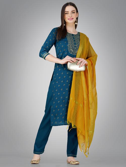 teal three quarter sleeve suit set - 20605166 - Very Small Image - 1