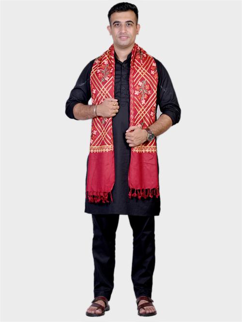 unisex red embroidered wool stole - 20605953 - Very Small Image - 1