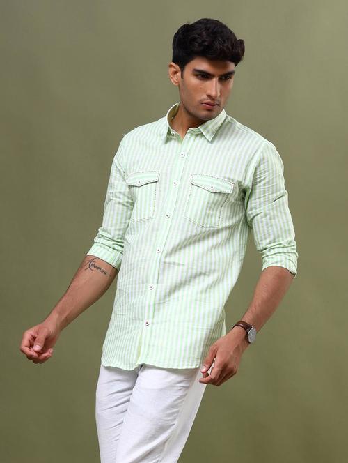 men white & green striped casual shirt - 20606194 - Very Small Image - 1