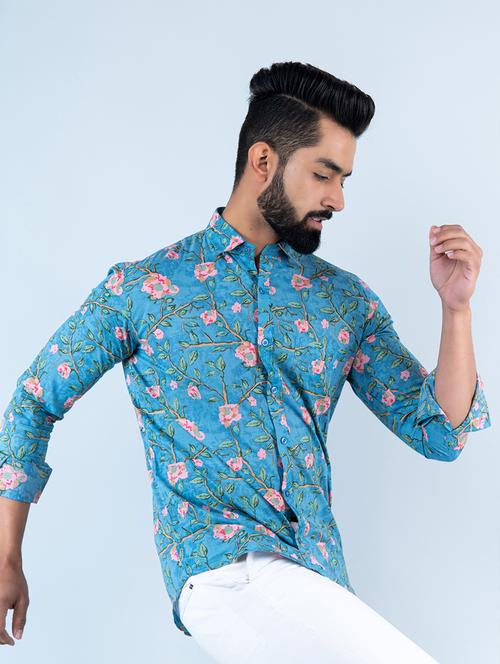 men blue floral printed casual shirt - 20606478 - Very Small Image - 1