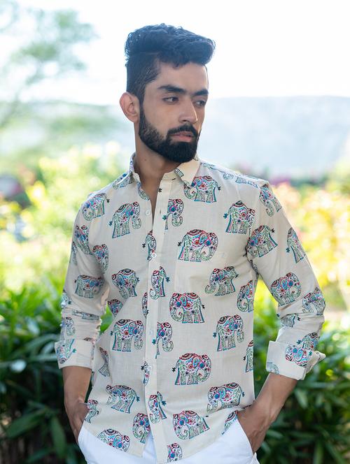 men beige printed casual shirt - 20606565 - Very Small Image - 1