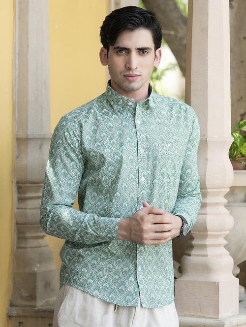 men sea green printed casual shirt - 20606990 - Very Small Image - 1