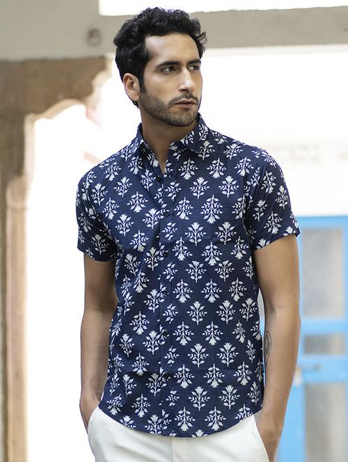 men navy blue printed casual shirt - 20606997 - Very Small Image - 1