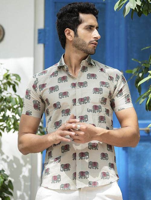 men beige printed casual shirt - 20607016 - Very Small Image - 1