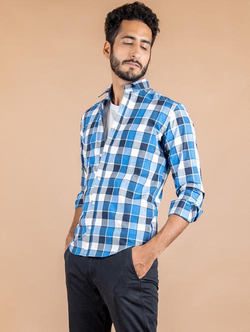 men blue & white checkered casual shirt - 20607343 - Very Small Image - 1