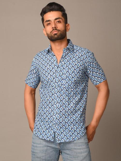 blue printed short sleeve casual shirt - 20607500 - Very Small Image - 1