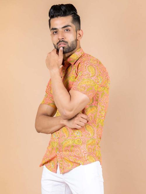 men orange & yellow printed casual shirt - 20607529 - Very Small Image - 1