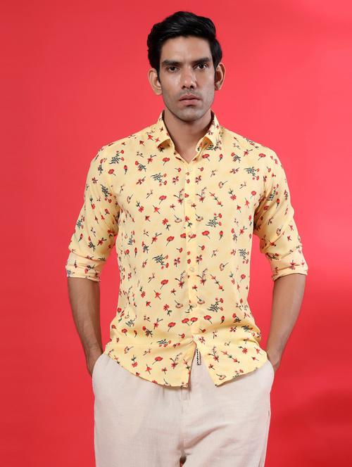 men yellow floral print casual shirt - 20608268 - Very Small Image - 1