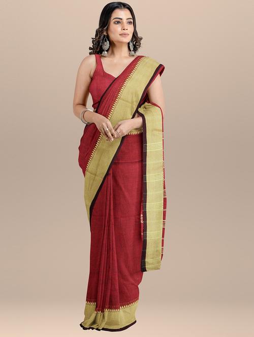 maroon solid with bordered saree with blouse - 20608478 - Very Small Image - 1