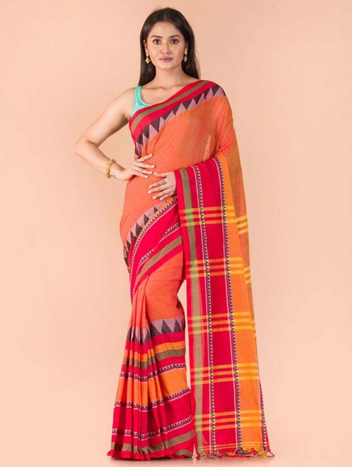 orange self design handloom saree with blouse - 20608551 - Very Small Image - 1