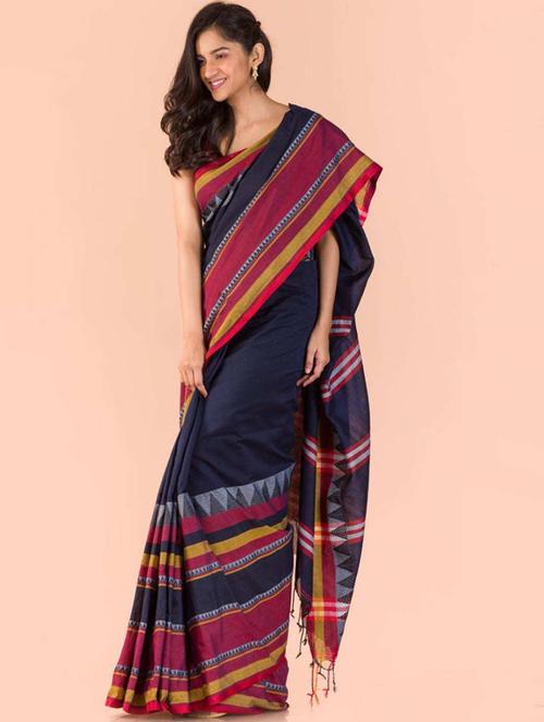 navy blue self design handloom saree with blouse - 20608554 - Very Small Image - 1