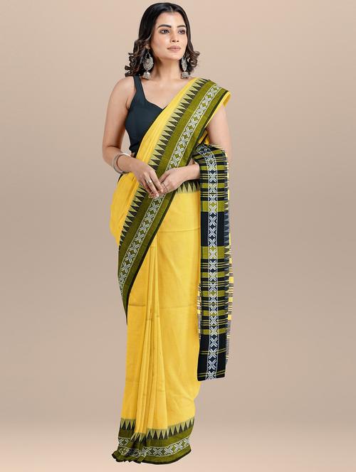 yellow cotton blend handloom saree with blouse - 20608624 - Very Small Image - 1