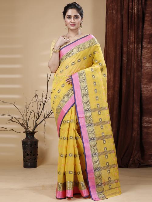 yellow handloom saree - 20608768 - Very Small Image - 1