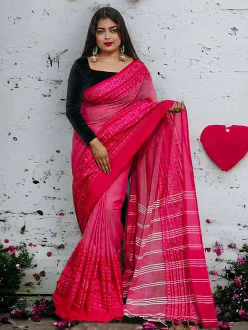 women pink self design handloom saree with blouse - 20608912 - Very Small Image - 1