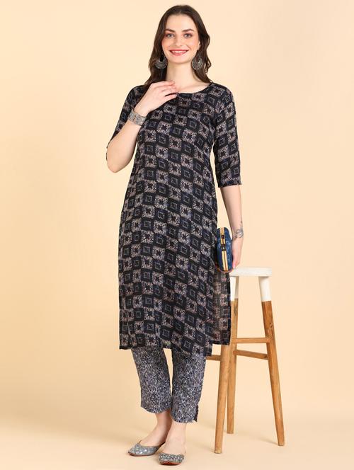 navy blue three quarter sleeve kurta pant set - 20609786 - Very Small Image - 1