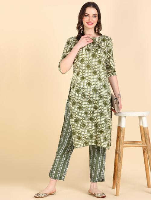 olive three quarter sleeve kurta pant set - 20609792 - Very Small Image - 1