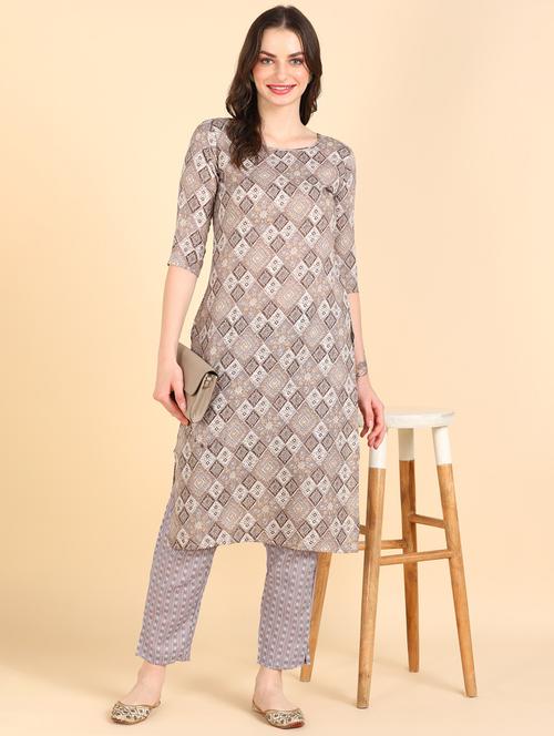 tan three quarter sleeve kurta pant set - 20609795 - Very Small Image - 1