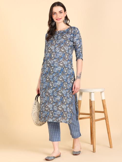 grey three quarter sleeve kurta pant set - 20609799 - Very Small Image - 1