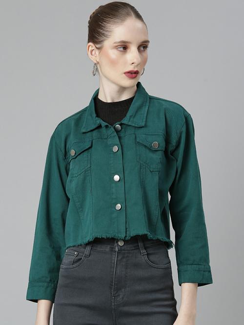 women green solid denim jacket - 20610437 - Very Small Image - 1