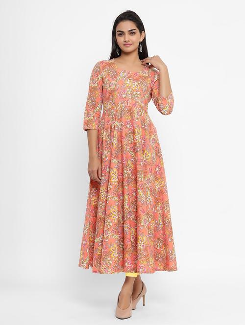 orange three quarter sleeve anarkali kurta - 20610762 - Very Small Image - 1