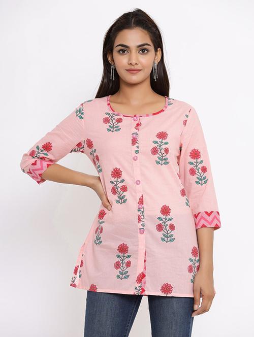 women pink floral printed button detailed tunic - 20611006 - Very Small Image - 1