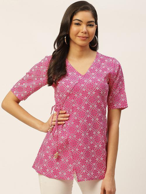women pink printed wrap detailed tunic - 20611010 - Very Small Image - 1