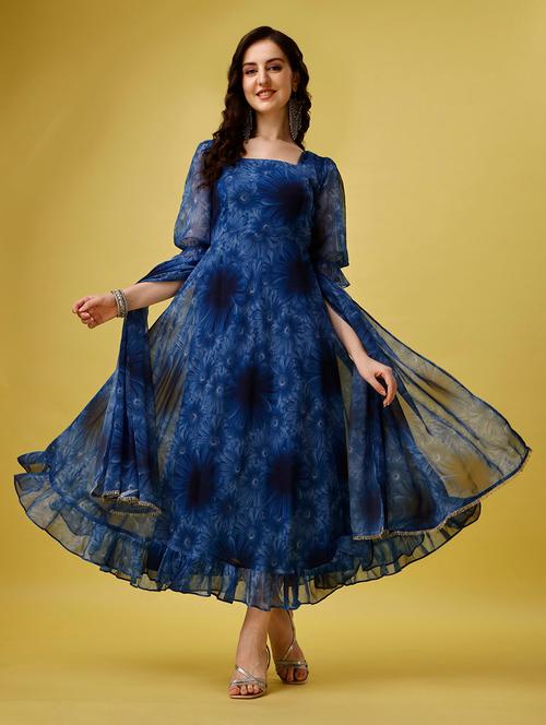 women blue square neck kurta dupatta set - 20613900 - Very Small Image - 1