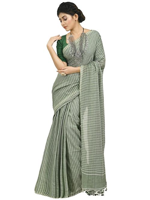 women grey stripes handloom saree with blouse - 20614132 - Very Small Image - 1