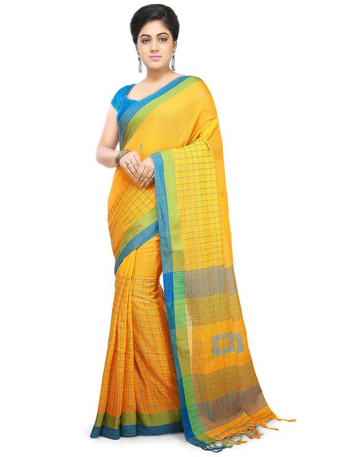 women hyellow checks printed saree with blouse - 20614262 - Very Small Image - 1