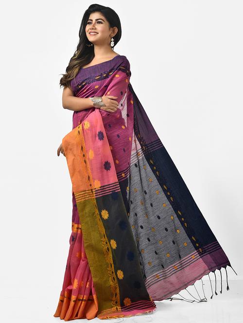 women pink self design handloom saree with blouse - 20614356 - Very Small Image - 1