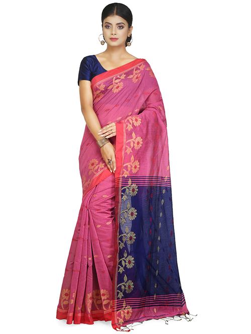 women pink self design handloom saree with blouse - 20614426 - Very Small Image - 1