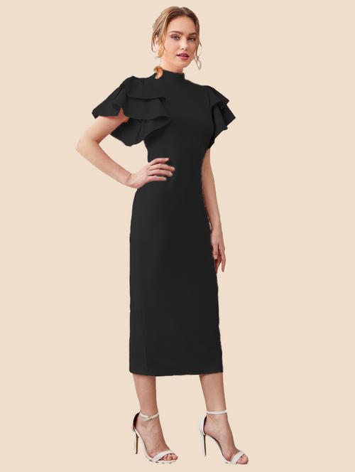 women solid black detailed sleeves bodycon dress - 20614565 - Very Small Image - 1
