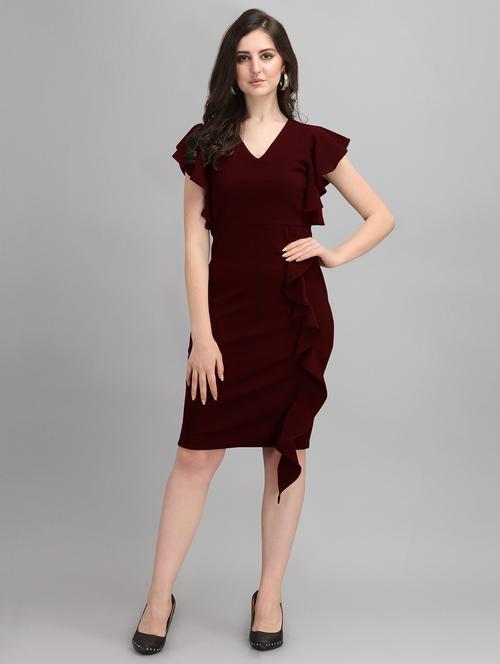 women solid burgundy ruffle detailed dress - 20614588 - Very Small Image - 1