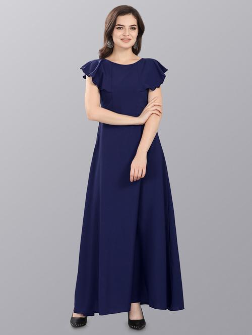 women solid blue detailed sleeves maxi dress - 20614657 - Very Small Image - 1