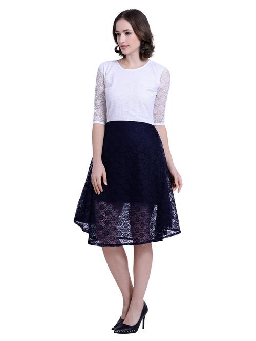 women white & blue self design flared dress - 20614696 - Very Small Image - 1