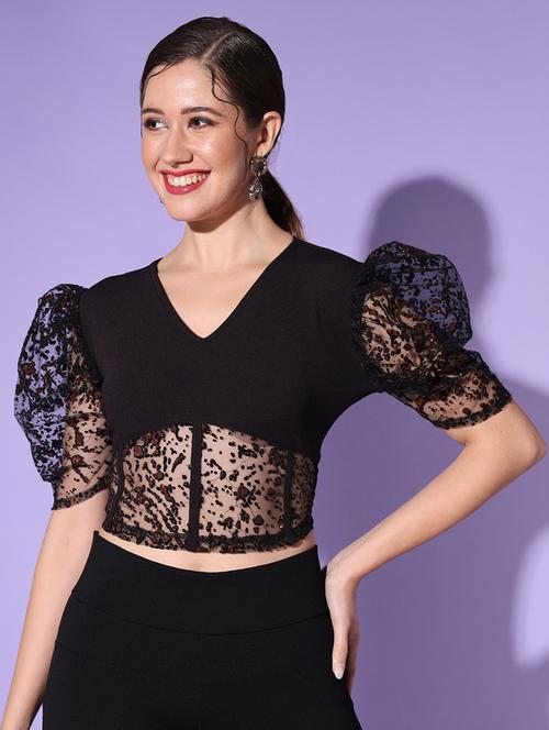 women black self designed detailed crop top - 20614750 - Very Small Image - 1