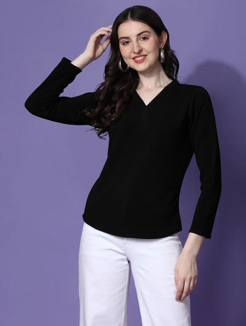women solid black v neck regular top - 20614760 - Very Small Image - 1