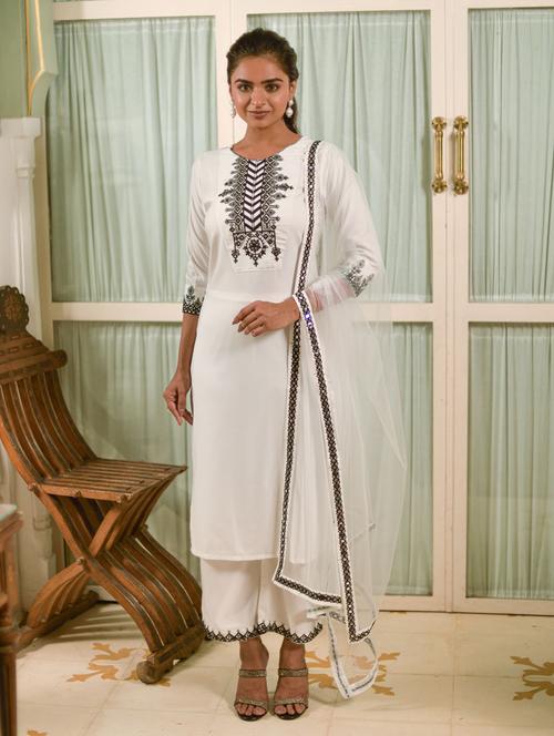 off white silk blend kurta with trouser & dupatta set - 20614900 - Very Small Image - 1